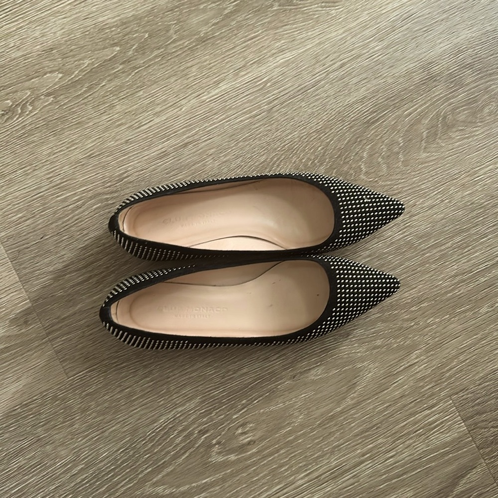 Club Monaco pointed black flats with metal embroidered beads.